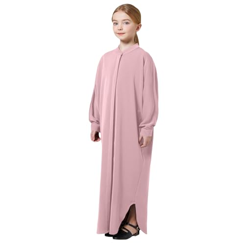 ODASDO Muslim Girl Dress One-Piece Abaya Kids Islamic Kaftan Ramadan Prayer Long Robe Button Down Batwing Sleeve Gown