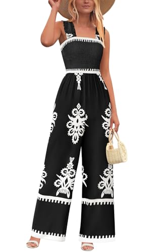 PRETTYGARDEN Womens Jumpsuit Casual One Piece Boho Summer Outfits Shirred Strap Wide Leg Long Pants Rompers With Pockets (Black White Flower, Small)
