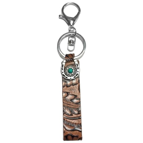 Bmpzery Western Keychain for Women Vintage Keychain Embossed Cowhide Turquoise Keychains Finger Loop Wristlet Style Cowgirl Keychains Country Western Car Accessories for Women Purse Charm Gifts