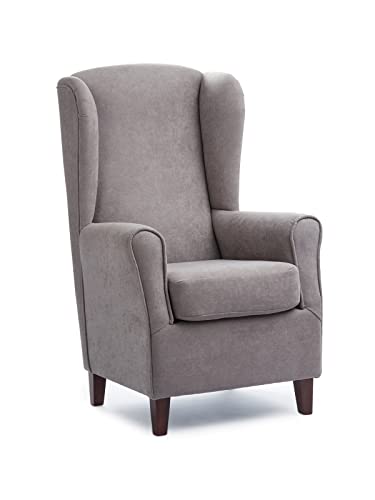 Sillonea- Sillón Torre Eiffel, Ideal para Personas Altas, con Respaldo Alto DE 70 cm. Butaca orejera para salón. Sillón orejero Individual 75x85x115 cm. Tela Antimanchas. (Gris, Nogal)