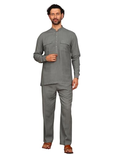 Image of See Designs Men's Full Sleeve Mandarin Collar Linen Solid Pathani Set