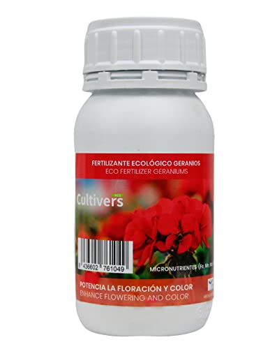 CULTIVERS Bio-Flüssigdünger für Geranien 250 ml. Grünere Blätter, mehr Blüte und intensiviert die Farbe. Mit Makronährstoffen und Mikronährstoffen