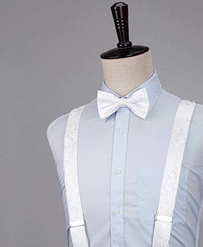 Image of HISDERN Suspenders for Men Paisley Floral Bow tie Suspender Pocket Square Sets Adjustable Y Shape 6 Clips Wedding Braces