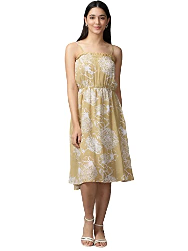 Image of SHOWOFFFF Women Floral Fit and Flare Casual Dress | Shoulder Straps Sleeveless Georgette Dress for Womens | Knee Length Dress for Women's