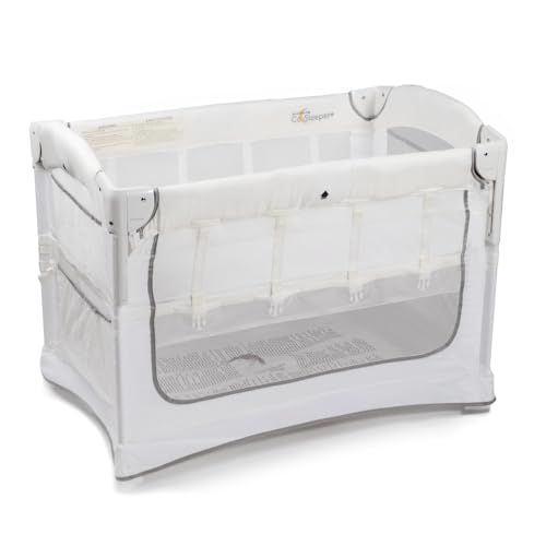 Arm’s Reach Ideal Ezee 3 in 1 Co-Sleeper Folding Bedside Bassinet and Play Yard Featuring Breathable Mesh Sides with Side Pockets for Storage and 4-Inch Sleeping Nest, White