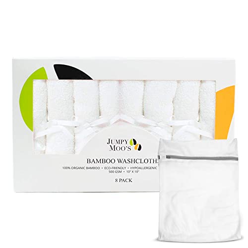 Toallitas Bebé Bambú - Toalla Orgánica y Suave para Niños y Adultos - Toalla Facial - Regalos Perfectos Baby Shower (incluye Bolsa Colada) - 24,5x24,5 cm (Blanco, 8 piezas)