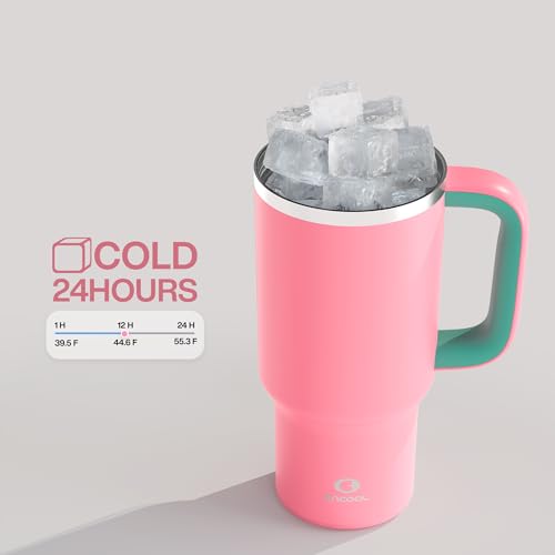 Image of ENCOOL 32 oz Tumbler with Handle and Straw: Stainless Steel Insulated Tumbler Keeps Cold for 24 Hours, Leakproof Travel Cup Fits in Cup Holder and BPA-Free,Tulip