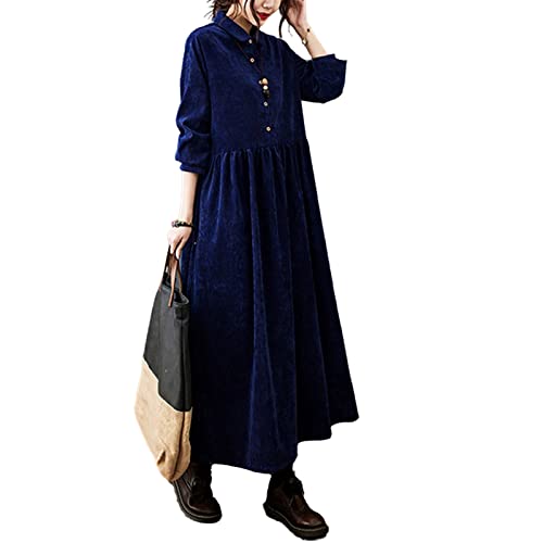 Lausiuoe ワンピース レディース ワンピース レディース コーデュロイ シャツワンピース ゆったり 長袖 ロングワンピース マキシ丈 春 秋 冬 大きいサイズ Aライン 体型カバー 無地 ポケット付き