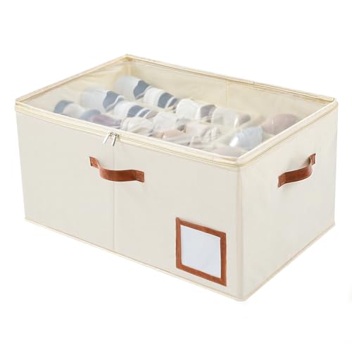 Image of INSTY Shoe Organizer for Closet Fit 24 Pairs, Large Foldable Shoe Storage Containers Box Bin w /Adjustable Dividers and Clear Cover, Space Saving Shoe Storage Organizer Box, Beige