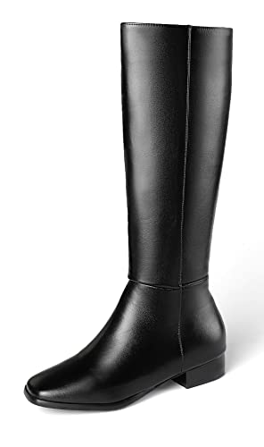 REKALFO Knee High Boots Women PU Leather Boot Wide Fit Shoes with Zipper Chunky Heel Soft Winter Booties black 10 UK