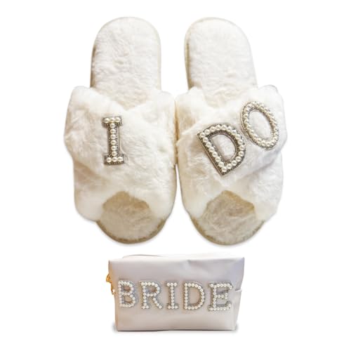 I Do Slippers With Bride Letter Makeup Open Toe Slippers For Women's Wedding Slippers Fuzzy Soft House Slippers For Bachelorette Party