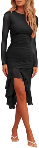 Hocuos Womens 2026 Round Neck Long Sleeve Ruffle Hem Midi Dress M...