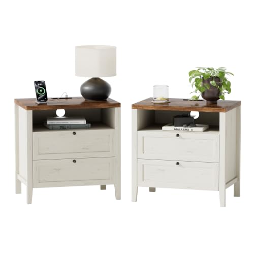 Image of EYYTHUNG Modern Nightstands Set of 2 with 2 Drawers Wooden End Table with Charging Station Farmhouse Night Stand Bedside Side Table with Storage Open Shelf for Bedroom, Rustic White and Honey Brown