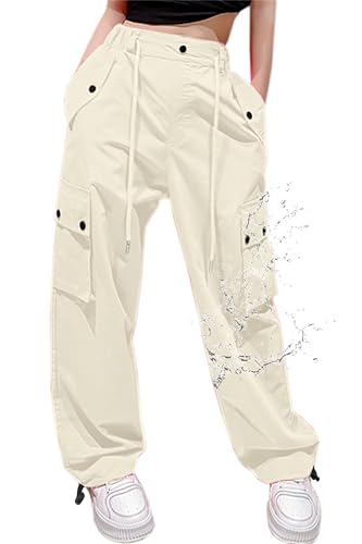 Cromoncent Girls High Waist Parachute Pants Y2K Cargo Trousers with Pockets, Beige, 7-8 Years = Tag 140