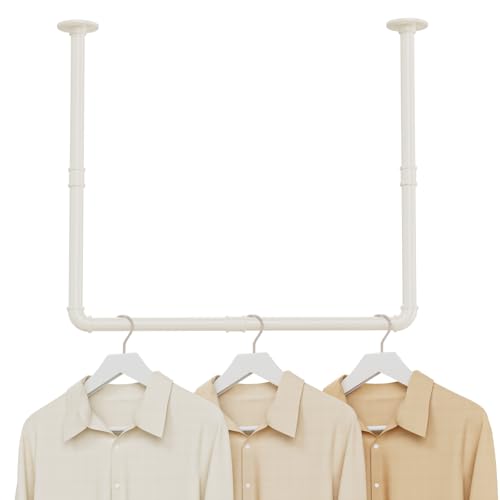 YheenLf Juego de 1 Perchero de Pared Industrial, Barra de Armario para Ropa, Dos Modos de Instalación, Ahorro de Espacio, Perchas Murales 120 cm, Montaje en Techo 69×60cm, Beige