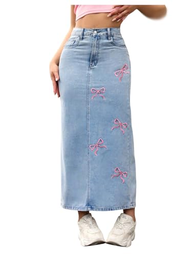WDIRARA Women's Bow Embroidery Bodycon Denim Skirt High Waisted Split Back Long Jean Skirts