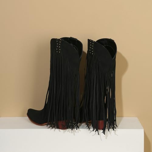 Image of KiutSymo Mid Calf Fringe Boots For Women Cowboy Pointed Toe Chunky Heels Cowgirl Western Tassel Boots