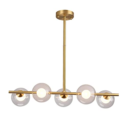 XAZLBIW Lustre Moderne doré à 5-6 lumières, Suspension linéaire en Verre avec Globe, pour Salle à Manger, îlot de Cuisine, Style Contemporain, culot G9...