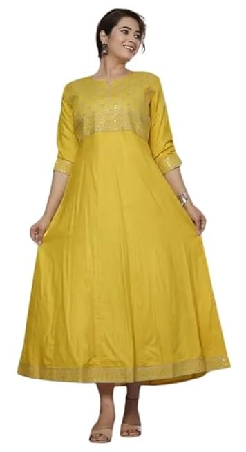 Women's Rayon 3/4 Sleeve V-Neck Front Embroidery Casual Wear Long Gown (Yellow-L)-picture-40