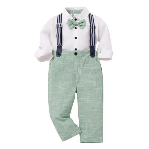 Image of IDOPIP Toddler Kids Baby Boys Formal Suit Gentleman White Shirt with Bowtie + Suspender Shorts Pants Overalls Clothes 6M-5T