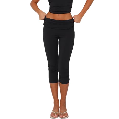 Qmlyev Fold Over Capri Yoga Pants for Women Low Rise Knee Length Stretch Leggings Summer Cute Going Out Crop Pants Streetwear(Black,S)
