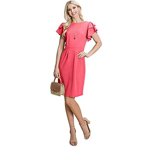 RolyPoly Women's Casual Ruffle Sleeve Boat-Neck Sheath Bodycon Evening Party Cocktail Dress (Coral, Large, Numeric_12)