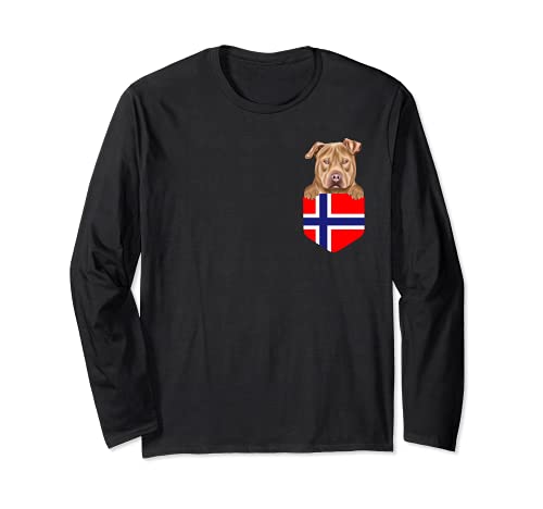 Norway Flag Usa Staffordshire Terrier Dog In Pocket Long Sleeve T-Shirt, Black