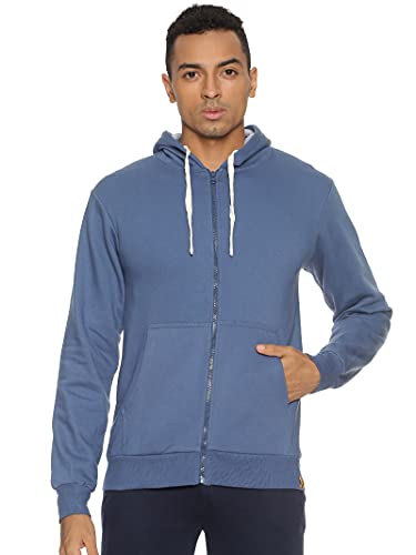 Image of CAHOOT Men's Dark Blue Zip-Front Hoodie with Contrast Drawstring for Casual Wear | Long Sleeve | Hooded Neck | Zipper Closure | Cotton Sweatshirt Crafted with Comfort Fit for Everyday Wear