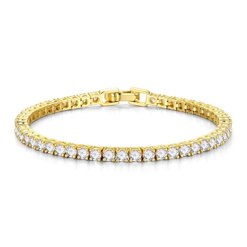 Pulsera de Tenis Mujer Oro Brillante – Brazalete Clásico con Circonita Cúbica de 4mm, Pulsera Dorada Elegante y Brillante, Joyería de Moda para Cumpleaños, Aniversario o Día de la Madre, 16,5cm
