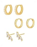 KONFEN 3 Pares Pendientes Botón y Aro Set Mujer, Pendientes Pequeño Forma Pluma Con Circonita Brillante, Elegant Pendiente Piercing Helix Cartilago, Hipoalergénico Pendiente Mujer Joyería Regalo, Oro