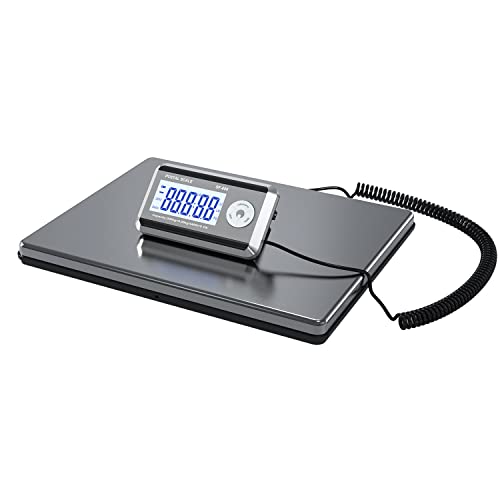 Nilpferd Paketwaage,Plattformwaage,Briefwaage mit Große Plattform(L*B-38,8*30,8 cm) aus Edelstahl,Externes Beleuchtetes LCD Display, bis 200kg|50g, 4*AA-Batterien oder AC-Adapter (Silber1) Cover