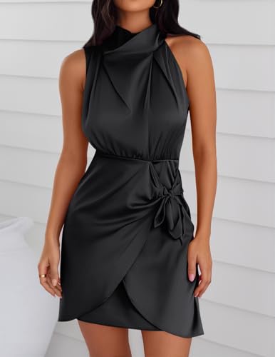 ZESICA Women's 2025 Fashion Satin Sleeveless Halter Neck Tie Waist Wrap Bodycon Cocktail Party Mini Dress2