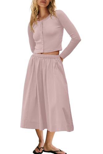 Image of Panadila Womens 2 Piece Lounge Sets Matching Vacation Outfits Ribbed Button Down Cardigan and Elastic Waist Skirt Sets