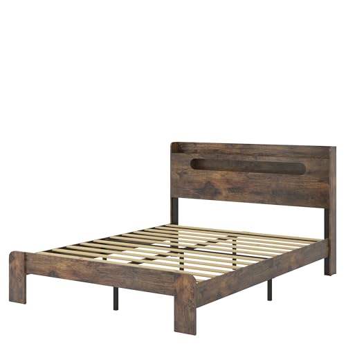 Image of Bellemave Rustic Vintage Queen Size Bed Frame with Storage Headboard and Charging Station,Wooden Platform Bed Frame Queen Size with LED Lights and Wood Slats,Easy Assembly,Dark Brown