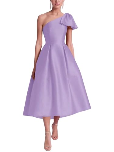Eightale Satin One Shoulder Mother of The Bride Dress with Bow Tea Length Pleated A Line Formal Gown