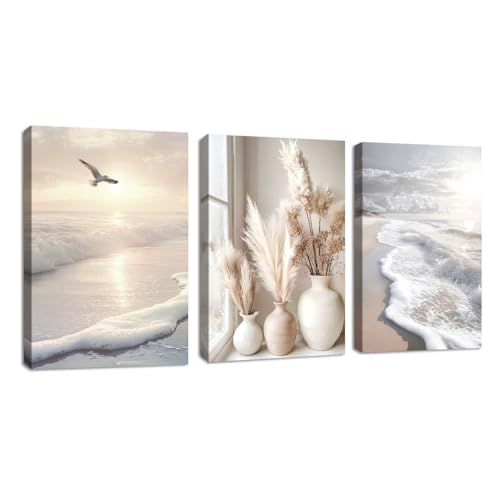 3 Pcs Boho Paysage Plage Tableau Décoration Murale Salon Roseaux Pampas Coucher Soleil Gull Impression Sur Toile Image Peintures sur Toile Décoration Murale Pour...