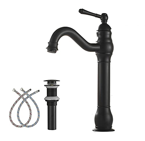 Grifo de vaso para baño negro mate 360° giratorio solo mango un agujero tazón fregadero cuerpo alto a juego drenaje emergente sin desbordamiento lavabo lavabo mezclador cubierta montaje comercial