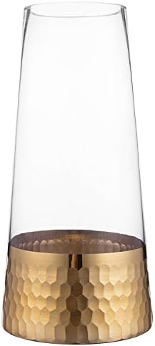 MyGift Clear Glass and Gold Flower Vase Decor, Table Vase with Gold-Tone Metal Hammered Base Accent