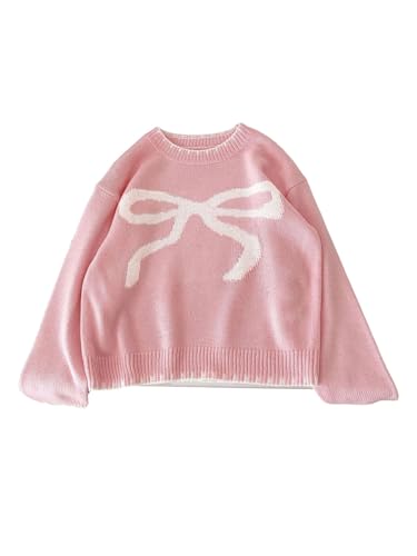 SweatyRocks Girl's Cute Bow Sweater Crew Neck Long Sleeve Drop Shoulder Pullover Knit Top