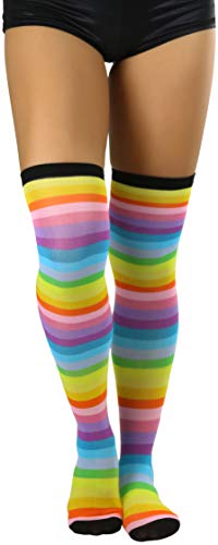 Image of ToBeInStyle Women's Bright Vibrant Rainbow Striped Thigh High Rave Stockings