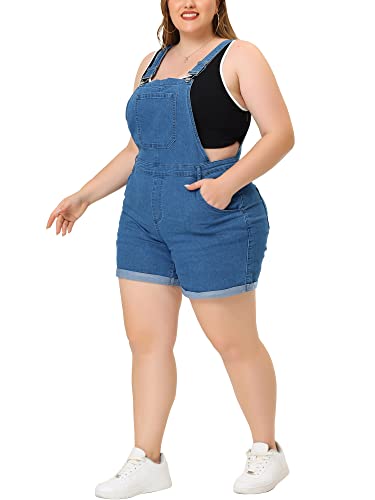 Agnes Orinda Plus Size Overalls Denim Pants for Women Roll Hem Chambray Shorts Pants 1X Denim Blue