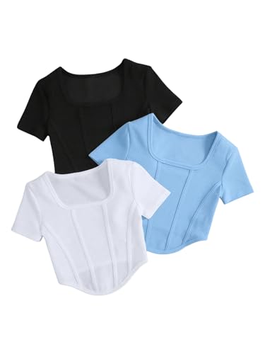 OYOANGLE Girl's 3 Pack Textured Short Sleeve T-Shirt Set Square Neck Asymmetrical Hem Summer Tee Shirts - Main Image