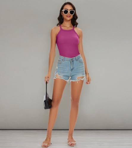 Image of Womens Racerback Ribbed Tank Top Camisole with Built in Bra Sport Yoga Top | Ribbed Top with Built in Bra,Not Removable,Slim Fitted,Halter Top Shirt,Sleeveless High Neck,Racerback,Sports Run Yoga Travel