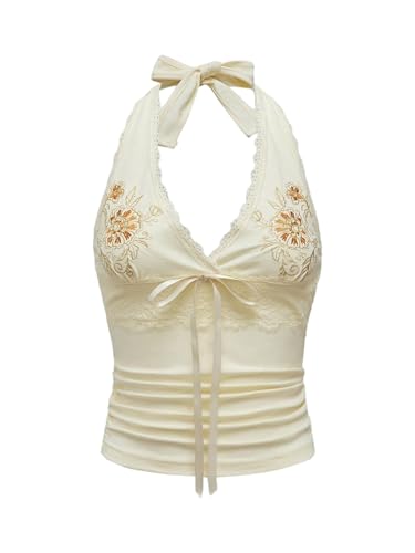 OYOANGLE Women's Y2k Halter Tank Tops Floral Embroidery Bow Lace