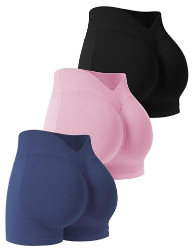 Niipty 3 Pack Workout Shorts Women Scrunch Butt Lifting Seamless High Waist Yoga Booty Shorts for Women with V Cut Back - Black+Pink+Navy M