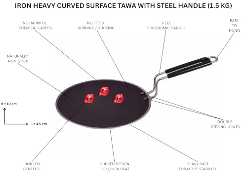 Image of Pure Iron Tawa for Roti & Chapati with Strong Steel Handle | Heavy Duty Curved Surface Iron Tava for Multipurpose Use & Health Benefits | Non-Toxic, No Chemical Layers | Gas Stove | 10 Inch, 1.5 KG