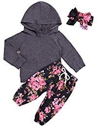 Image of oklady Baby Girls Clothes Long Sleeve Grey Hoodie Tops Flowers Pants Outfits with Headband Clothes Set 6-12 Months