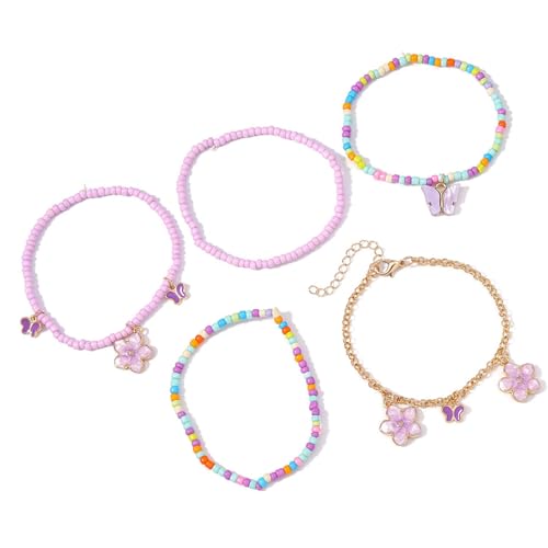 [Zeizafa] Pack of 5 Handmade Bead Colorful Adjustable Wrist Jewelry Charm Bead Texture for Various Occasion Unique Beaded Bracel