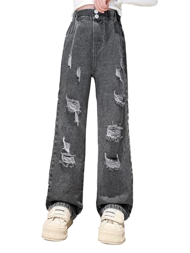 Kids Girls Elastic Waist Cool Ripped Jeans Washed Denim Wide Leg Ripped Denim Jean