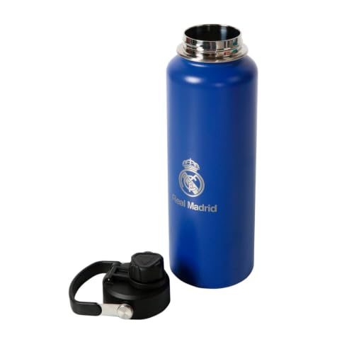 SAFTA | Botellas Térmicas Real Madrid, Acero Inoxidable con Aislamiento al Vacío, Sin BPA, Tapas Antifugas, con Pajita Interior, Mantiene Bebidas Frías o Calientes, Medidas 9,3x9,3x30 cm